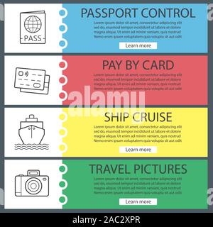 Travel and tourism banner templates set. Easy to edit. Credit cards, passport, photo camera, cruise ship. Website menu items. Color web banner. Vector Stock Vector