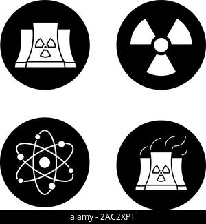Atomic energy icons set. Nuclear power plant with smoke, radiation and atom symbols. Vector white silhouettes illustrations in black circles Stock Vector