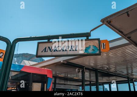 Capri, Italy - August 13, 2019: Ceramic sign of bus station Anacapri in summer time Stock Photo