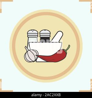 Spices color icon. Salt and pepper shakers, garlic, chili, mortar and pestle. Isolated vector illustration Stock Vector