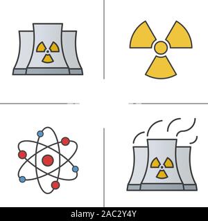 Atomic energy color icons set. Nuclear power plant with smoke, radiation and atom symbols. Isolated vector illustrations Stock Vector