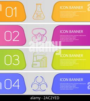 Industrial pollution banner templates set. Easy to edit. Factory, poison liquid, biohazard symbol, gas mask. Website menu items with linear icons. Col Stock Vector