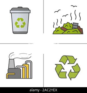 Waste management color icons set. Recycle bin symbol, rubbish dump, factory pollution. Environment protection. Isolated vector illustrations Stock Vector