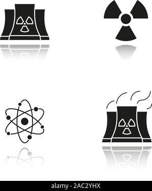 Atomic energy drop shadow black icons set. Nuclear power plant with smoke, radiation and atom symbols. Isolated vector illustrations Stock Vector