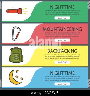 Hiking and mountaineering banner templates set. Easy to edit. Flashlight, carabiner, tourist's backpack, moon and stars. Website menu items. Color web Stock Vector