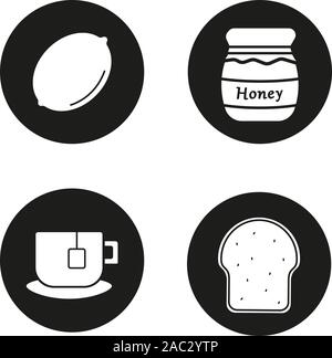 Breakfast items icons set. Lemon, covered honey pot, teacup on plate, toasted bread. Vector white silhouettes illustrations in black circles Stock Vector