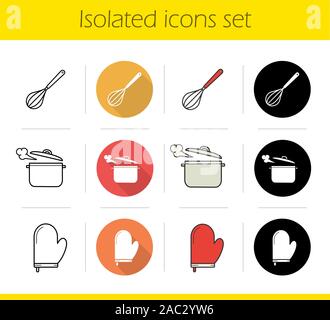 Kitchenware icons set. Flat design, linear, black and color styles. Kitchen instruments. Whisk, boiling saucepan, pot holder. Isolated vector illustra Stock Vector