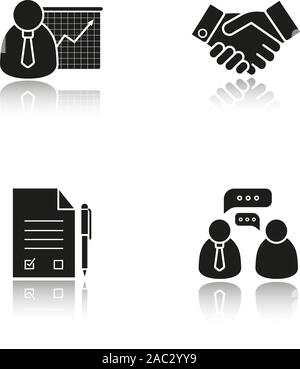 Business drop shadow black icons set. Presentation with graph, handshake symbol, signed contract with pen, business talk. Isolated vector illustration Stock Vector