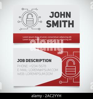 Business card print template with open lock logo. Easy edit. Digital security. Personal data. Padlock in microchip pathways. Stationery design concept Stock Vector