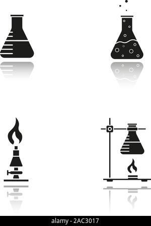 School chemistry lab equipment drop shadow black icons set. Beaker with liquid, ring stand with flask, laboratory burner, chemical reaction. Isolated Stock Vector
