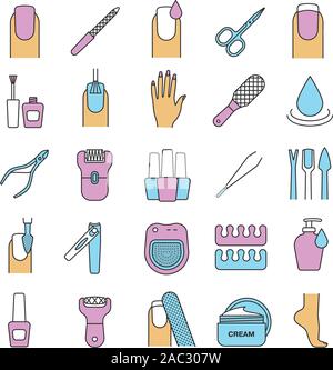 Manicure and pedicure color icons set. Nail polish, scissors, epilator, spa bath, soap, cream, tweezers, foot rasp, cuticle nipper. Isolated vector il Stock Vector