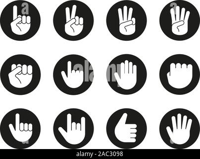 Hand gestures icons set. Point out, approve, hello, heavy metal, thumbs up, fist, direction point symbols. One, two, three, four, five fingers. Vector Stock Vector