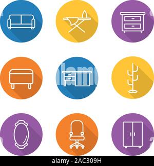 Furniture flat linear long shadow icons set. Room interior. Couch, wall mirror, wardrobe, bedside table, ironing board, writing desk, ottoman, hanger, Stock Vector