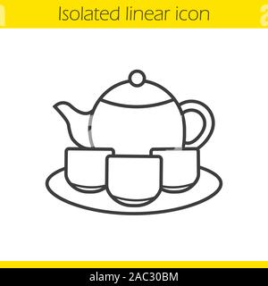 Chinese tea ceremony set linear icon. Thin line illustration. Teapot, cups and plate contour symbol. Vector isolated outline drawing Stock Vector