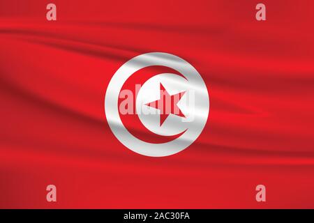 Waving Tunisia flag, official colors and ratio correct. Tunisia national flag. Vector illustration. Stock Vector