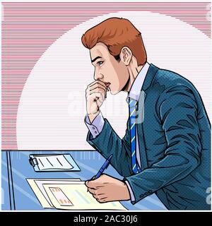 The man in the suit was staring at the computer screen Young business men are stressed at work Illustration vector On pop art comics style Abstract Stock Vector