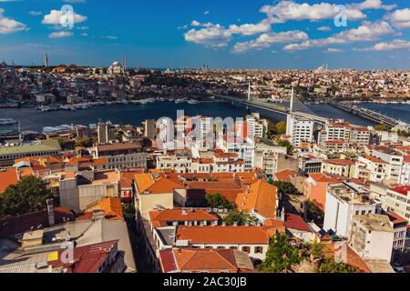 29 August 2019; Amazing cityscape view from the top of the Galata Tower on a bright cloudy morning in Istanbul, Turkey Stock Photo