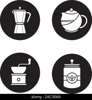 Tea and coffee icons set. Brewing teapot, classic coffee maker, vintage grinder, tea jar. Vector white silhouettes illustrations in black circles Stock Vector