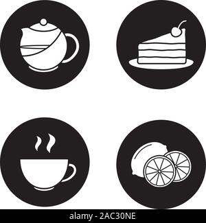 Tea icons set. Piece of cake on plate, steaming cup, cutted lemon, brewing teapot infuser. Vector white silhouettes illustrations in black circles Stock Vector