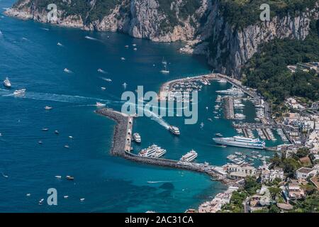 North Capri harbour Marina Grande with luxury yachts view from villa San Michele in Anacapri Stock Photo