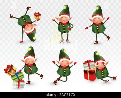 Set of cute christmas elves. Santa Claus helpers. Little beautiful elves. Happy New Year.Elves with gift presents. Icon set. Vector illustration. Stock Vector