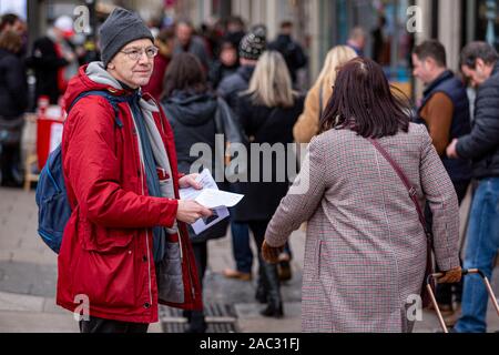 CARDIFF, United Kingdom. 30th Nov, 2019. Anti-Tory leaflet distribution organised by The Cardiff People's Assembly and Stand Up to Racism Cardiff at the Aneurin Bevan statue on Queens Street in Cardiff, Wales. © Credit: Matthew Lofthouse/Alamy Live News Stock Photo