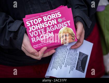 CARDIFF, United Kingdom. 30th Nov, 2019. Anti-Tory leaflet distribution organised by The Cardiff People's Assembly and Stand Up to Racism Cardiff at the Aneurin Bevan statue on Queens Street in Cardiff, Wales. © Credit: Matthew Lofthouse/Alamy Live News Stock Photo