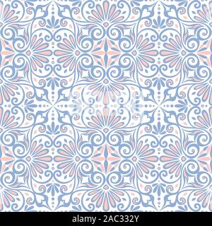 Vector traditional seamless vintage pink, white and blue square floral Greek ornament, Meander Stock Vector
