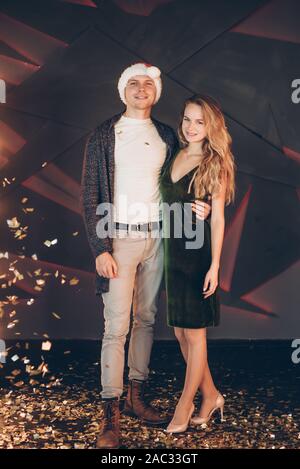 Photo of nice young couple hug wear white shirt isolated on grey color ...