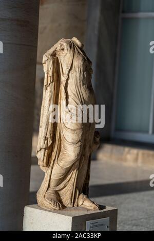 Athens, Greece - August 17, 2019: Male head statue of marble inside Museum of Ancient Agora Stock Photo