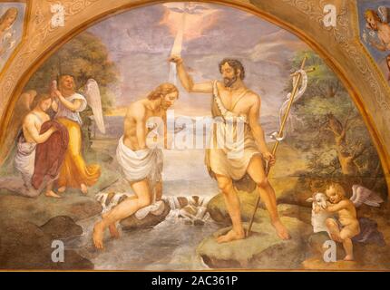 COMO, ITALY - MAY 9, 2015: The fresco Baptism of Jesus in church Basilica di San Fedele by Onorato Andina (18. cent.). Stock Photo
