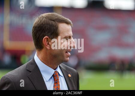 Columbia, SC, USA. 30th Nov, 2019. Clemson Tigers head coach Dabo Swinney walks the field before the NCAA matchup at Williams-Brice Stadium in Columbia, SC. (Scott Kinser/Cal Sport Media). Credit: csm/Alamy Live News Stock Photo