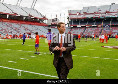 Columbia, SC, USA. 30th Nov, 2019. Clemson Tigers head coach Dabo Swinney on the field before the NCAA matchup at Williams-Brice Stadium in Columbia, SC. (Scott Kinser/Cal Sport Media). Credit: csm/Alamy Live News Stock Photo