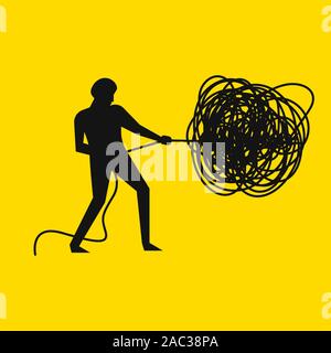 Businessman unraveling tangled tangle of problems. Business flat vector illustration. Stock Vector