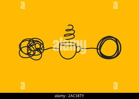 Brain and coffee concept, brain activity hand drawn idea, wake up Stock Vector
