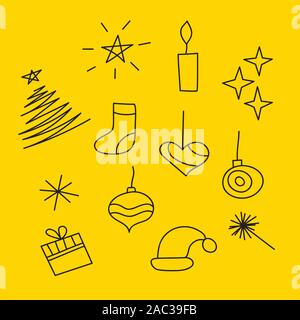 Christmas sketch elements, set of xmas eltments, tree, star, ball and gift, hat and snowflakes, vector hand drawn illustration Stock Vector