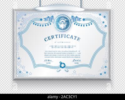 Christmas white certificate with Santa Claus and Christmas decoration on transparent background. Winter frozen background for New Year congratulations Stock Vector