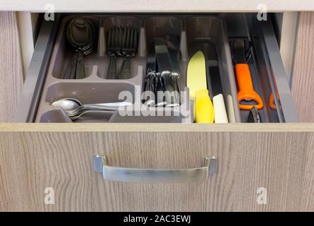 Open drawer in a modern kitchen Stock Photo