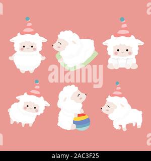 Cute cartoon sheep set on pastel background. Stock Vector