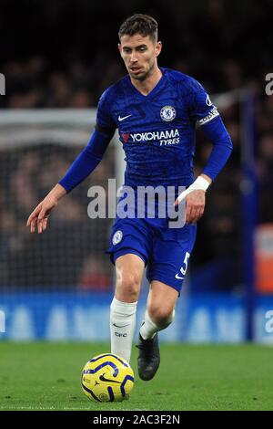 London, UK. 30th Nov, 2019. Jorginho of Chelsea in action. Premier league match, Chelsea v West Ham Utd at Stamford Bridge Stadium in Chelsea, London on Saturday 30th November 2019. this image may only be used for Editorial purposes. Editorial use only, license required for commercial use. No use in betting, games or a single club/league/player publications. pic by Steffan Bowen/Andrew Orchard sports photography/Alamy Live news Credit: Andrew Orchard sports photography/Alamy Live News Stock Photo