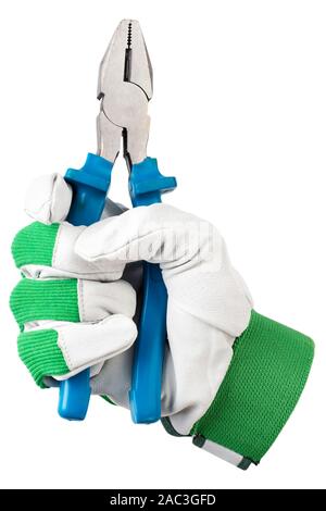 wire cutters in a worker’s hand. isolated on a white background. file contains clipping path Stock Photo