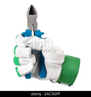 wire cutters in a worker’s hand. isolated on a white background. file contains clipping path Stock Photo