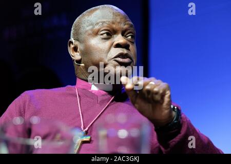 Hay Festival Winter Weekend, Hay on Wye, Powys, Wales, UK - Saturday 30th November 2019 - John Sentamu the Archbishop of York on stage at the Hay Festival Winter Weekend talking about his new book Wake up to Advent!.  Credit: Steven May/Alamy Live News Stock Photo