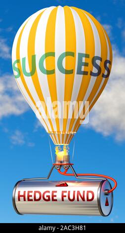 Hedge fund and success - shown as word Hedge fund on a fuel tank and a balloon, to symbolize that Hedge fund contribute to success in business and lif Stock Photo