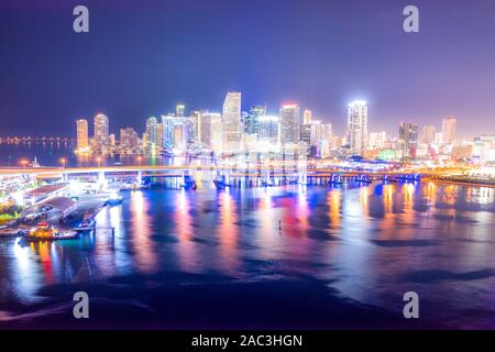 Aerial Miami skyline night long exposure in Miami Beach and MacArthur Causeway Stock Photo