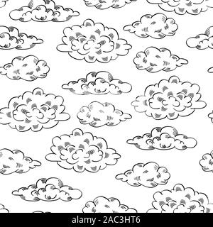 Seamless pattern with sketch clouds. Black hand drawn elements on white background. Vector illustration. Stock Vector