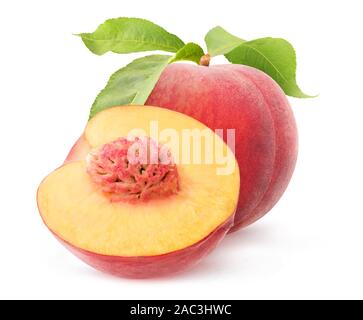 Isolated peach fruits. One whole pink peach and one half isolated on white background with clipping path Stock Photo