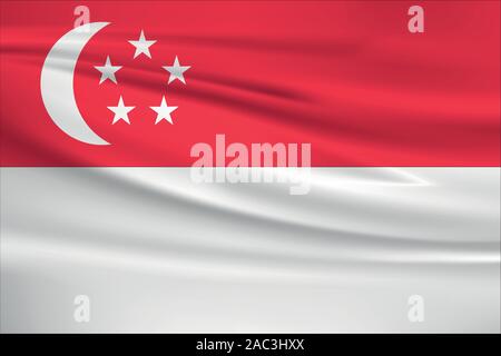 Waving Singapore flag, official colors and ratio correct. Singapore national flag. Vector illustration. Stock Vector