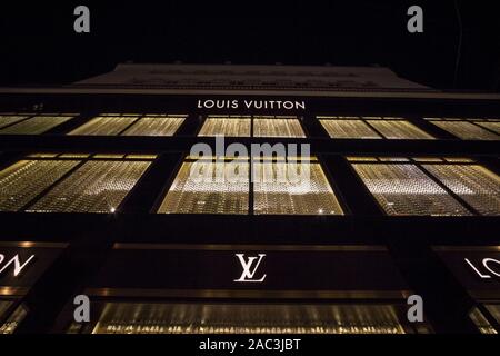 VIENNA, AUSTRIA - NOVEMBER 6, 2019: Louis Vuitton Logo on their local shop in Vienna.  Louis Vuitton is a fashion house manufacturer and luxury retail Stock Photo