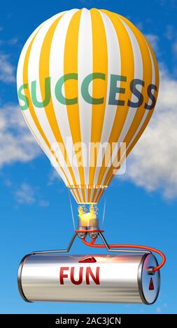 Fun and success - shown as word Fun on a fuel tank and a balloon, to symbolize that Fun contribute to success in business and life, 3d illustration Stock Photo